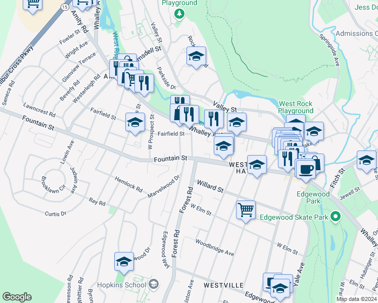 map of restaurants, bars, coffee shops, grocery stores, and more near 22 Dayton Street in New Haven