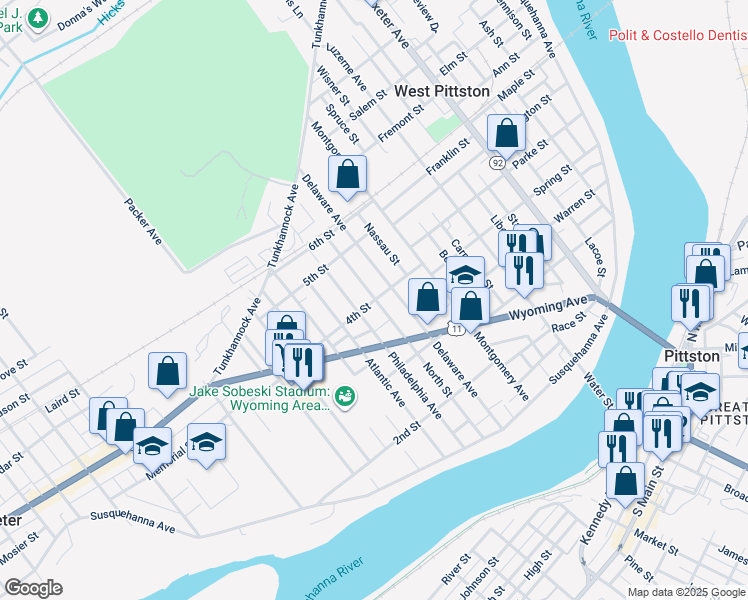 map of restaurants, bars, coffee shops, grocery stores, and more near 500-504 4th Street in Moosic