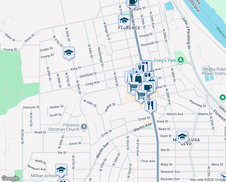 map of restaurants, bars, coffee shops, grocery stores, and more near 3301 Forest Lawn Avenue in Omaha