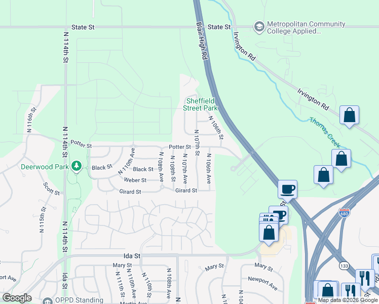 map of restaurants, bars, coffee shops, grocery stores, and more near 7532 North 107th Avenue in Omaha