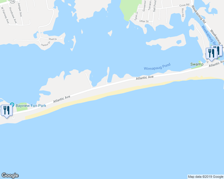 map of restaurants, bars, coffee shops, grocery stores, and more near 495 Atlantic Avenue in Westerly