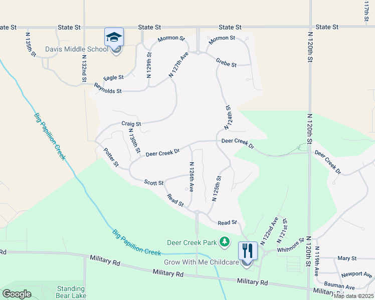 map of restaurants, bars, coffee shops, grocery stores, and more near 12652 Deer Creek Drive in Omaha