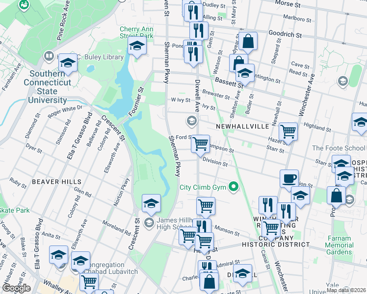 map of restaurants, bars, coffee shops, grocery stores, and more near 27 Harding Place in New Haven