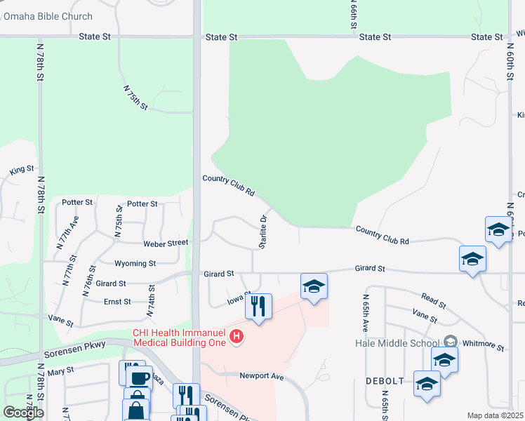 map of restaurants, bars, coffee shops, grocery stores, and more near 7005 Country Club Road in Omaha