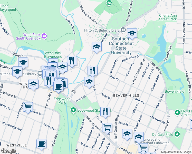 map of restaurants, bars, coffee shops, grocery stores, and more near 168 Connecticut 10 in New Haven