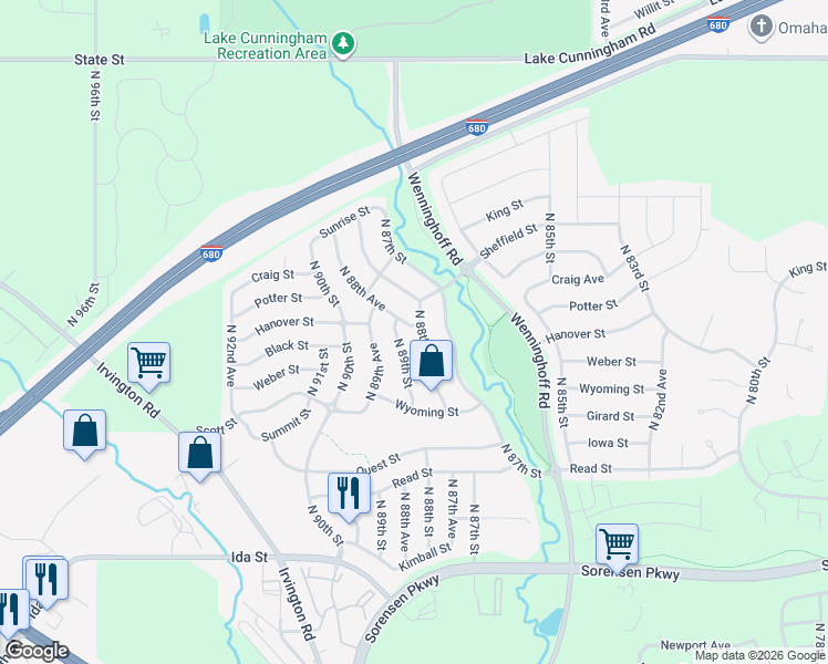 map of restaurants, bars, coffee shops, grocery stores, and more near 7503 North 88th Street in Omaha