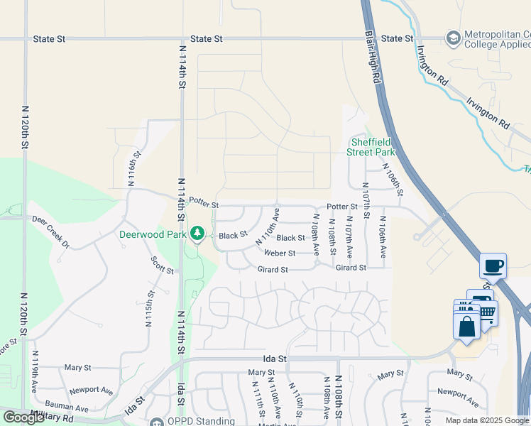 map of restaurants, bars, coffee shops, grocery stores, and more near 7515 North 111th Street in Omaha