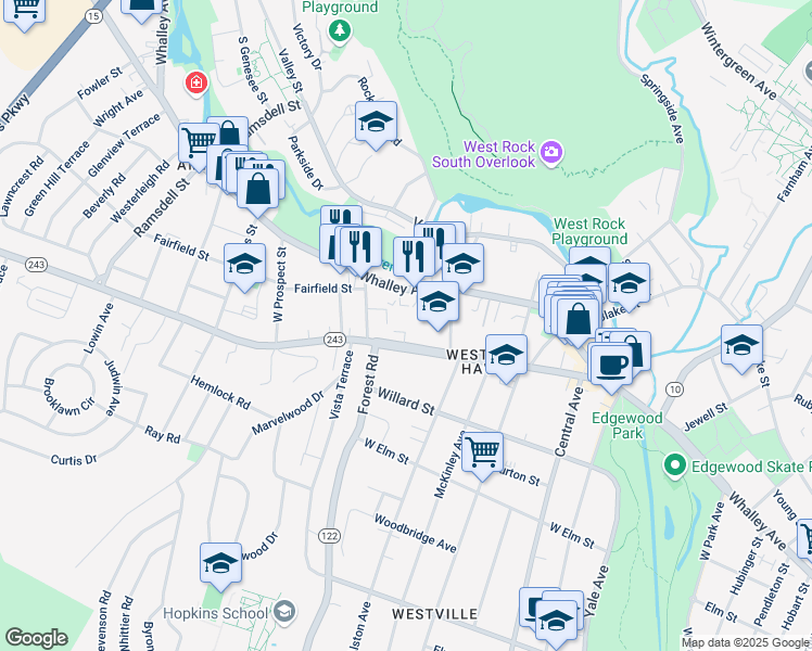 map of restaurants, bars, coffee shops, grocery stores, and more near 225 Fountain Street in New Haven