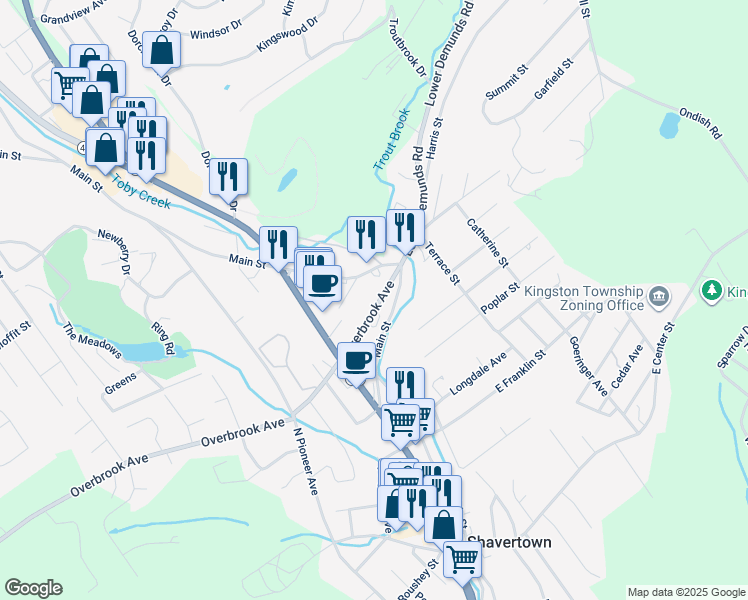 map of restaurants, bars, coffee shops, grocery stores, and more near 166 East Overbrook Avenue in Shavertown