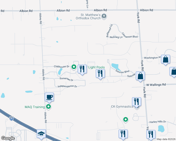 map of restaurants, bars, coffee shops, grocery stores, and more near 11493 Harbour Light Drive in North Royalton