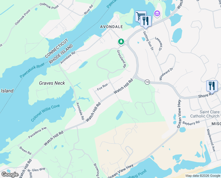 map of restaurants, bars, coffee shops, grocery stores, and more near 3 Quail Run in Westerly