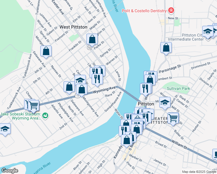 map of restaurants, bars, coffee shops, grocery stores, and more near 222 Wyoming Avenue in Luzerne County