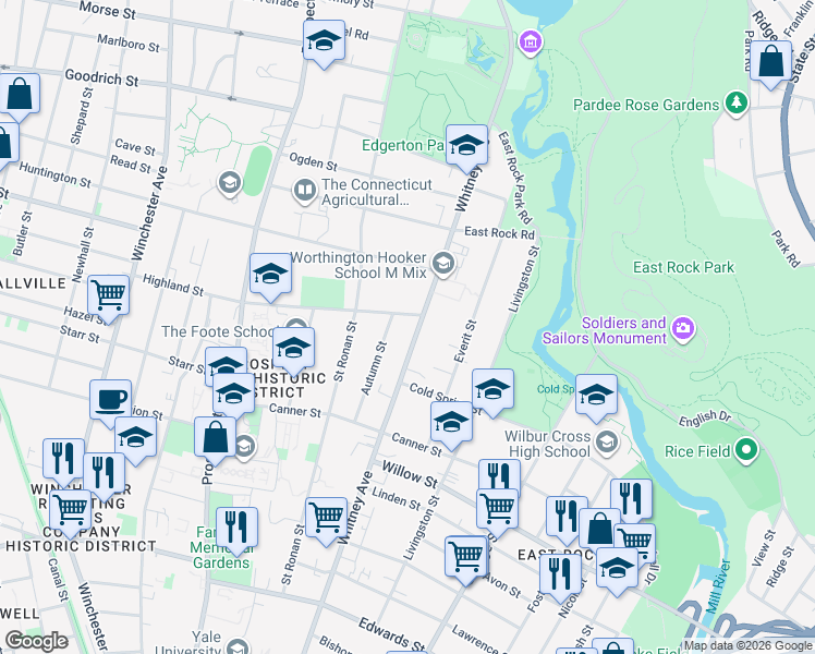 map of restaurants, bars, coffee shops, grocery stores, and more near 633 Whitney Avenue in New Haven