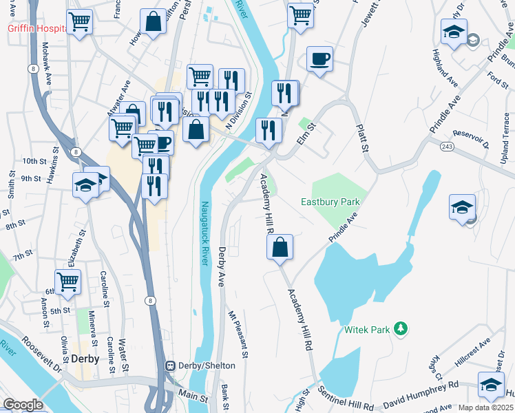 map of restaurants, bars, coffee shops, grocery stores, and more near 14 Mansfield Street in Derby