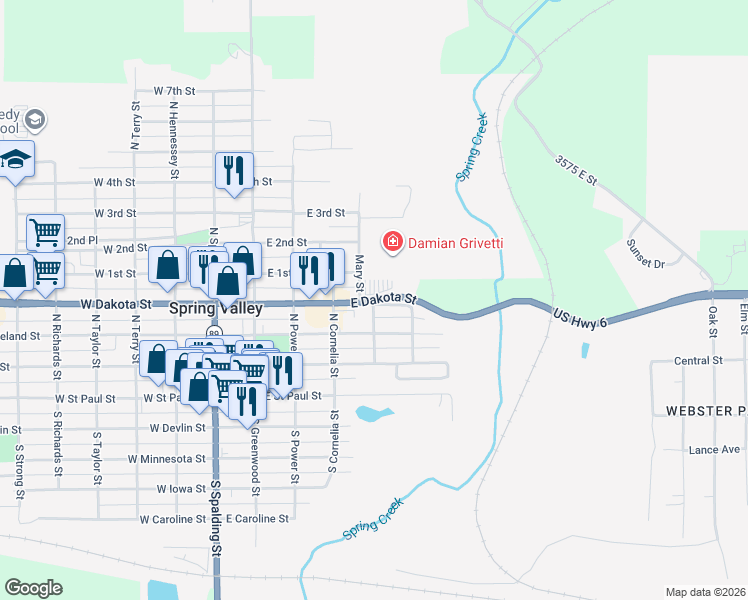 map of restaurants, bars, coffee shops, grocery stores, and more near 601 East Dakota Street in Spring Valley