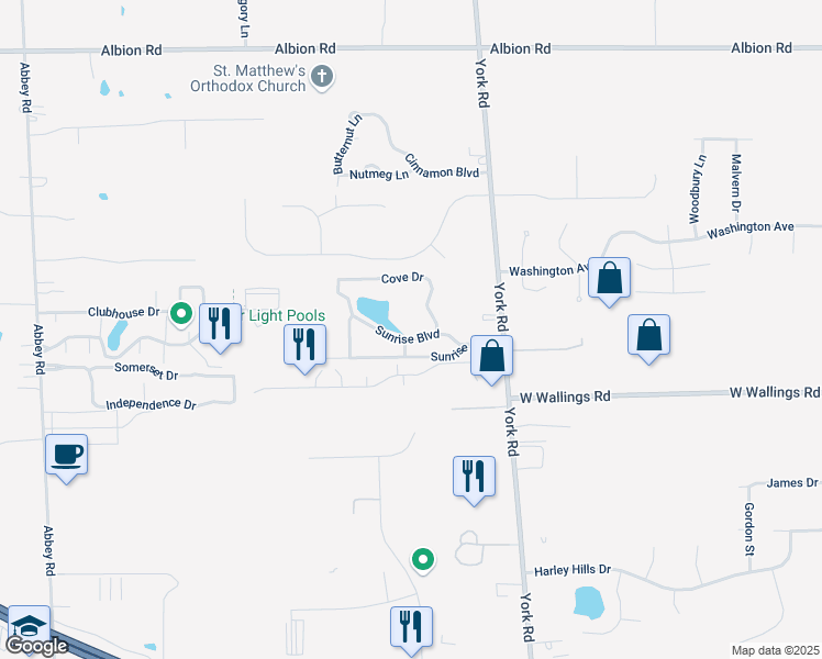 map of restaurants, bars, coffee shops, grocery stores, and more near 9530 Cove Drive in North Royalton