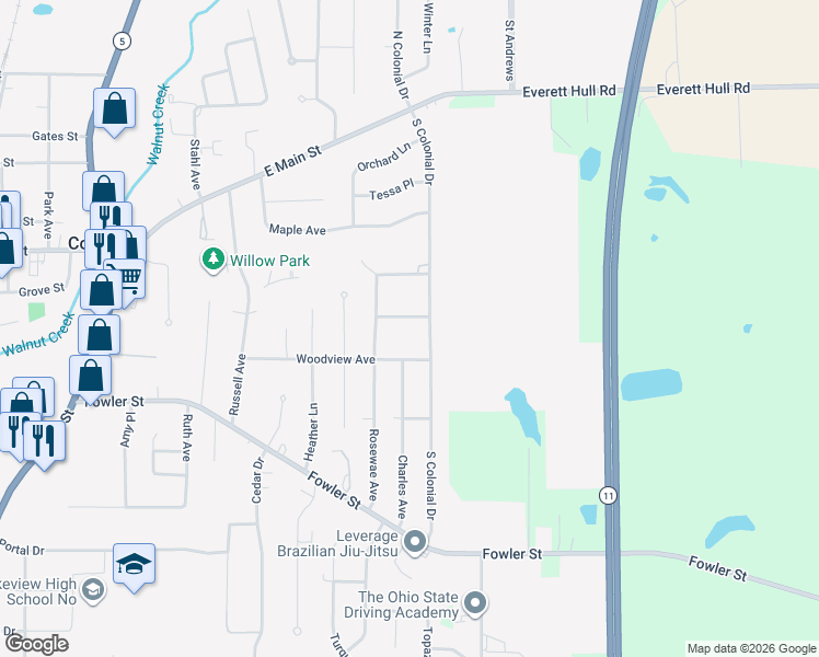 map of restaurants, bars, coffee shops, grocery stores, and more near 275 Bayberry Lane in Cortland