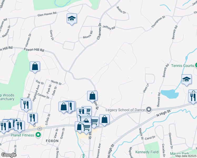 map of restaurants, bars, coffee shops, grocery stores, and more near 183a Thompson Street in East Haven