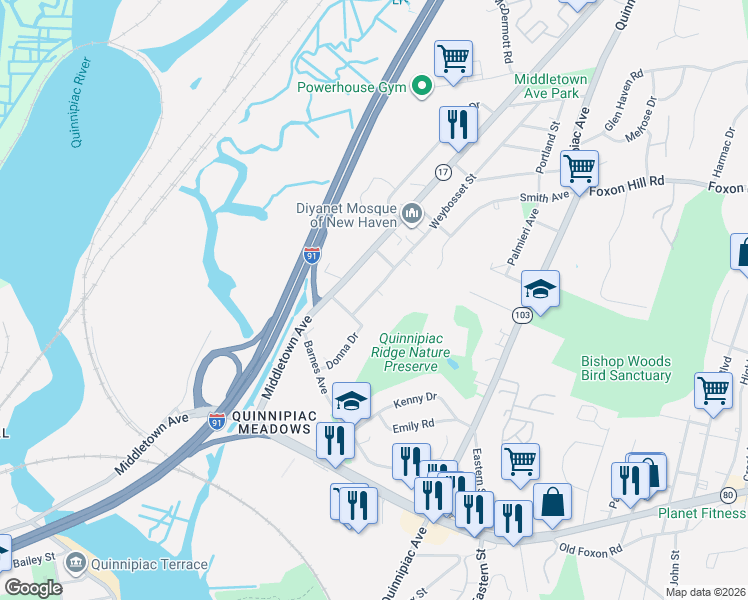 map of restaurants, bars, coffee shops, grocery stores, and more near 41 Weybosset Street in New Haven