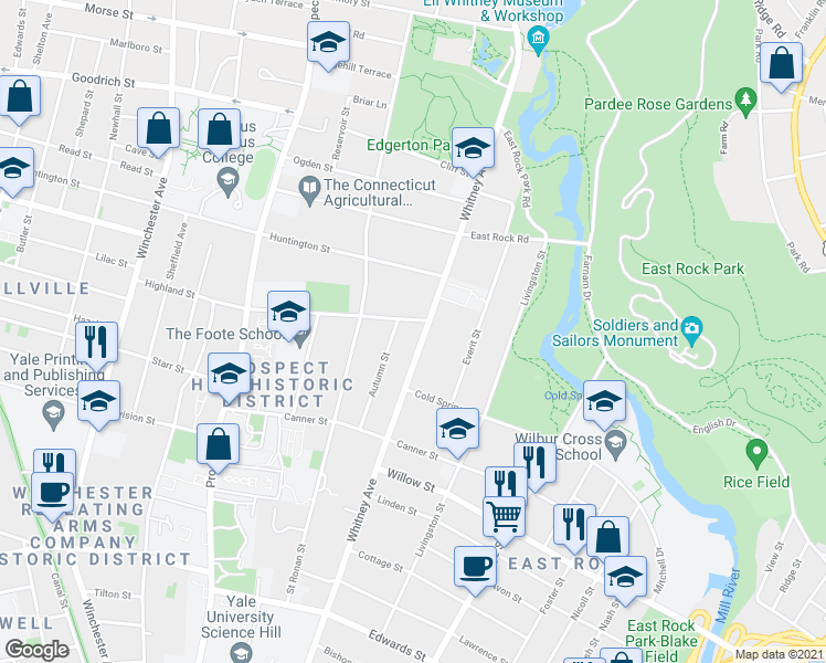 map of restaurants, bars, coffee shops, grocery stores, and more near 633 Whitney Avenue in New Haven