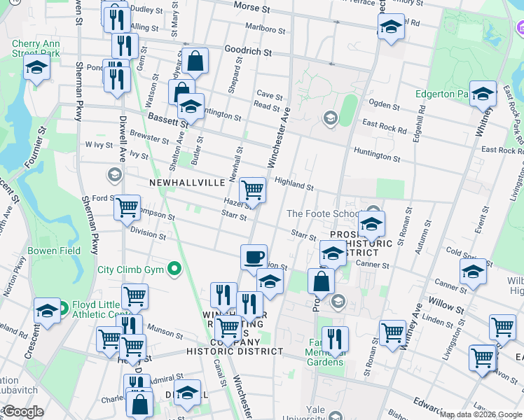 map of restaurants, bars, coffee shops, grocery stores, and more near 593 Winchester Avenue in New Haven
