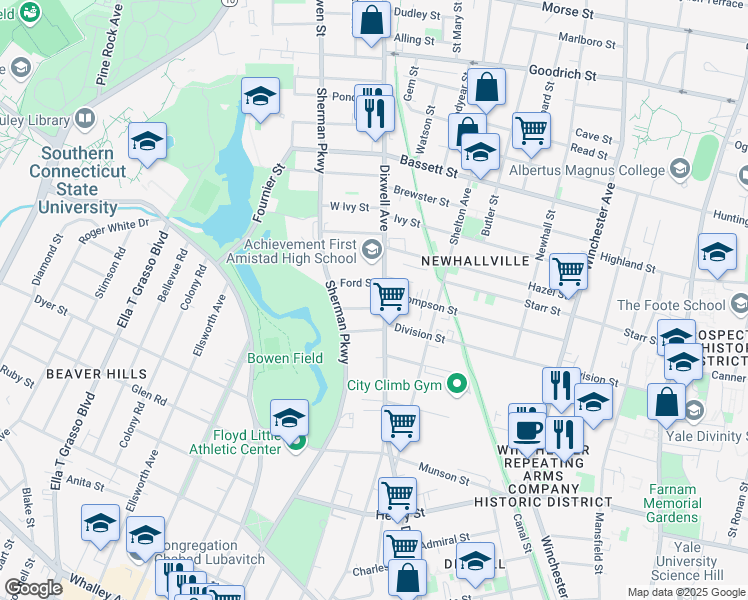 map of restaurants, bars, coffee shops, grocery stores, and more near 16 Ford Street in New Haven