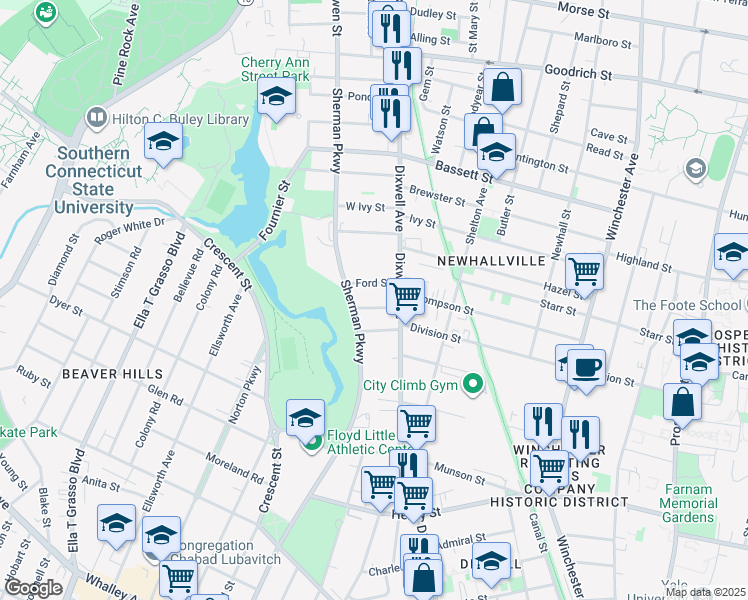 map of restaurants, bars, coffee shops, grocery stores, and more near 16 Ford Street in New Haven