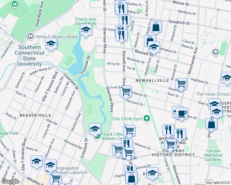 map of restaurants, bars, coffee shops, grocery stores, and more near 16 Ford Street in New Haven