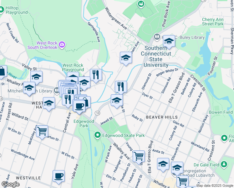 map of restaurants, bars, coffee shops, grocery stores, and more near 322 Blake Street in New Haven