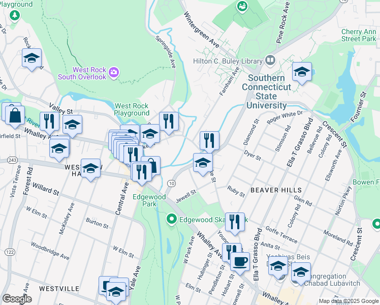 map of restaurants, bars, coffee shops, grocery stores, and more near 410 Blake Street in New Haven