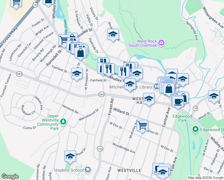 map of restaurants, bars, coffee shops, grocery stores, and more near 22 Dayton Street in New Haven