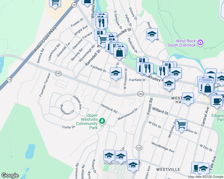 map of restaurants, bars, coffee shops, grocery stores, and more near 403 Fountain Street in New Haven