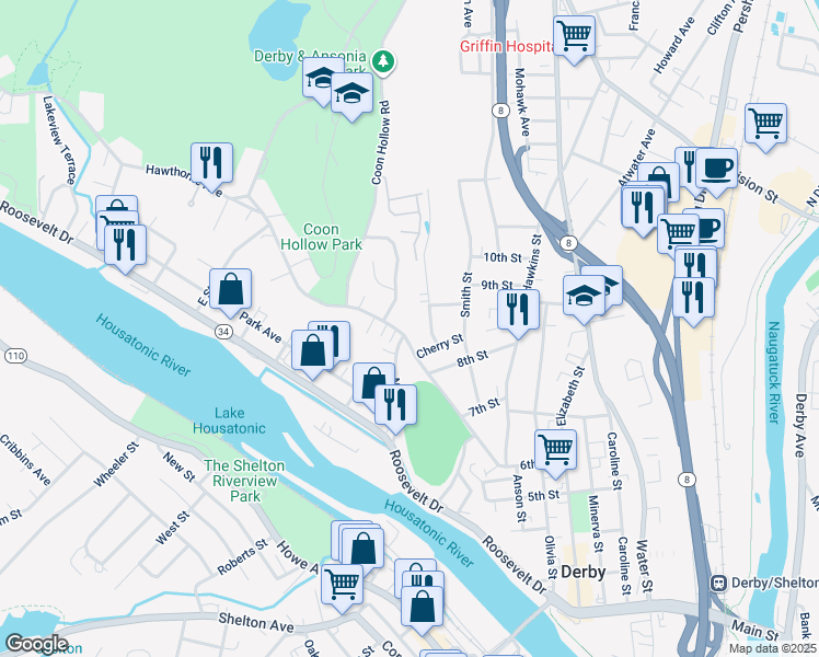 map of restaurants, bars, coffee shops, grocery stores, and more near 131 Hawthorne Avenue in Derby