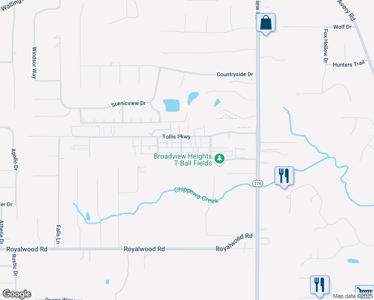 map of restaurants, bars, coffee shops, grocery stores, and more near 581 Tollis Parkway in Broadview Heights