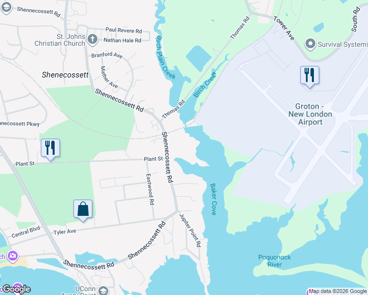 map of restaurants, bars, coffee shops, grocery stores, and more near 700 Shennecossett Road in Groton