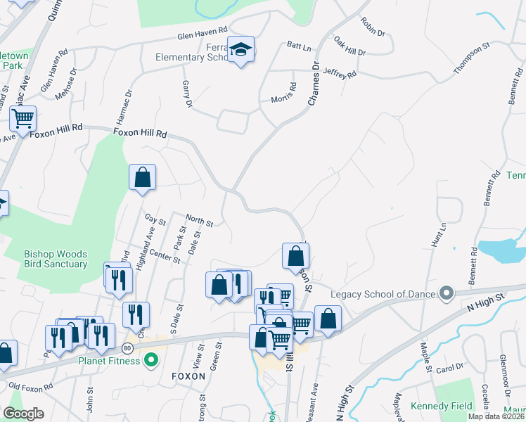map of restaurants, bars, coffee shops, grocery stores, and more near 71 Foxon Hill Road in East Haven