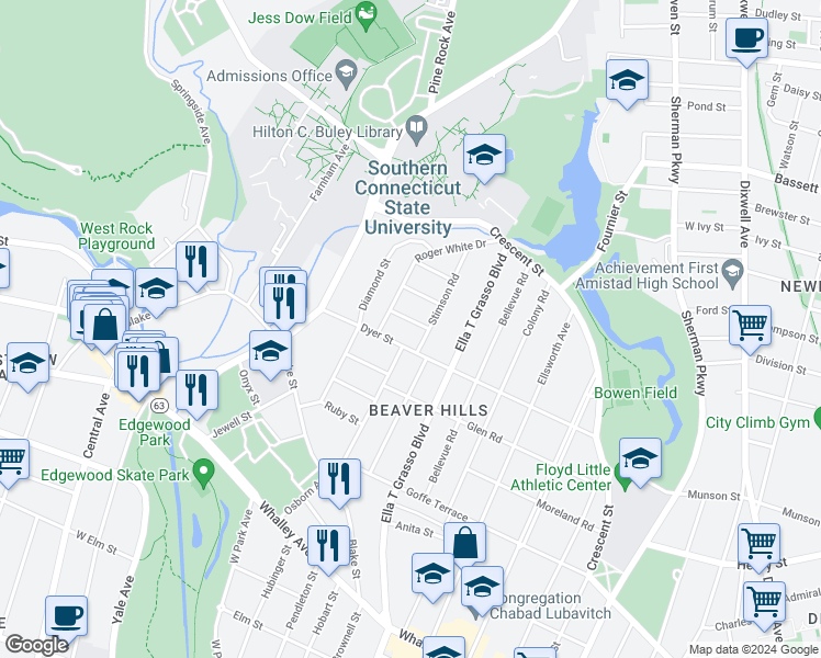 map of restaurants, bars, coffee shops, grocery stores, and more near 16 Beaver Hill Lane in New Haven