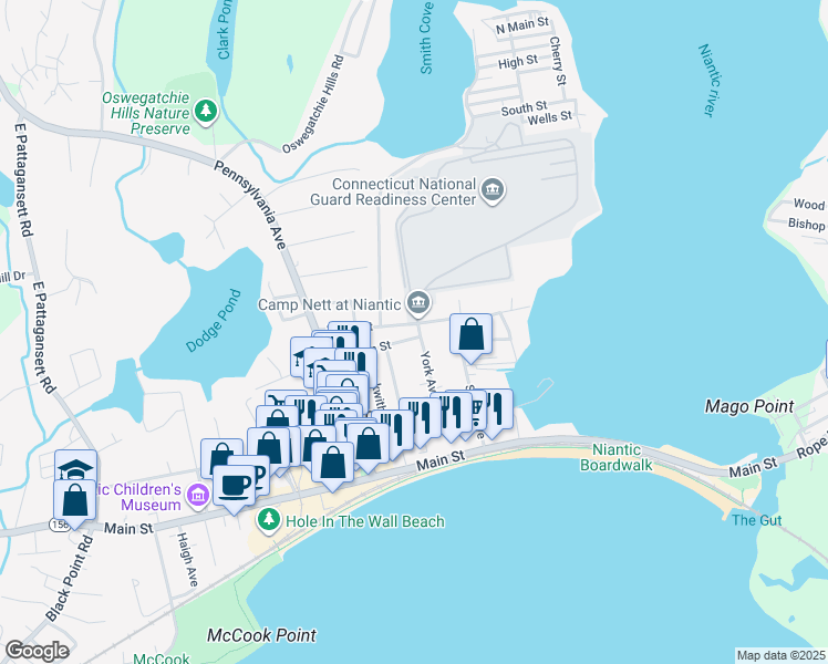 map of restaurants, bars, coffee shops, grocery stores, and more near 36 Lincoln Street in East Lyme