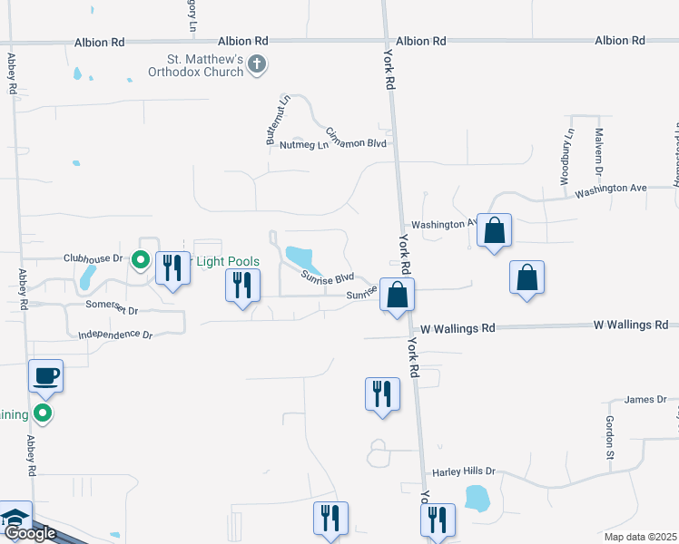 map of restaurants, bars, coffee shops, grocery stores, and more near 9610 Cove Drive in North Royalton