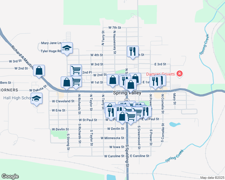 map of restaurants, bars, coffee shops, grocery stores, and more near 206 West Dakota Street in Spring Valley