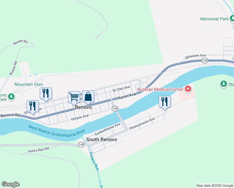map of restaurants, bars, coffee shops, grocery stores, and more near 143 12th St in Renovo