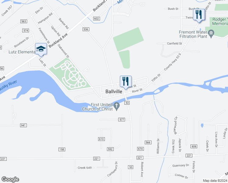 map of restaurants, bars, coffee shops, grocery stores, and more near in Ballville