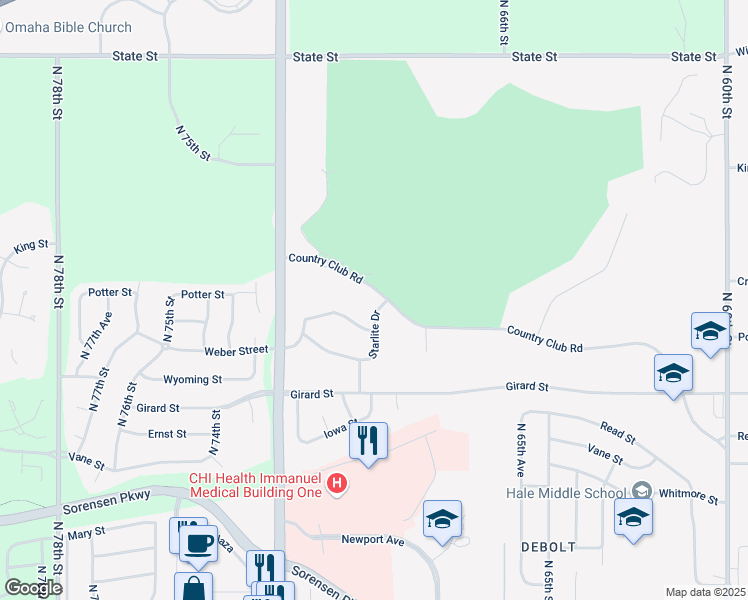 map of restaurants, bars, coffee shops, grocery stores, and more near 7005 Country Club Road in Omaha