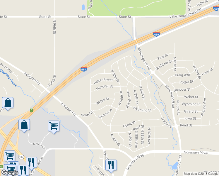map of restaurants, bars, coffee shops, grocery stores, and more near 9111 Hanover Street in Omaha