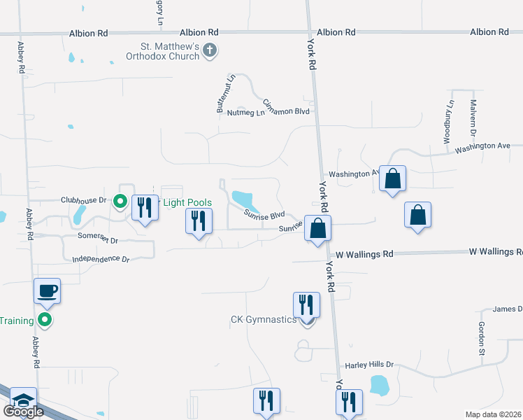 map of restaurants, bars, coffee shops, grocery stores, and more near 9530 Cove Drive in North Royalton