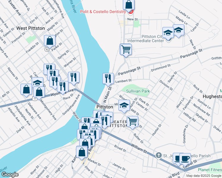 map of restaurants, bars, coffee shops, grocery stores, and more near 193 North Main Street in Pittston