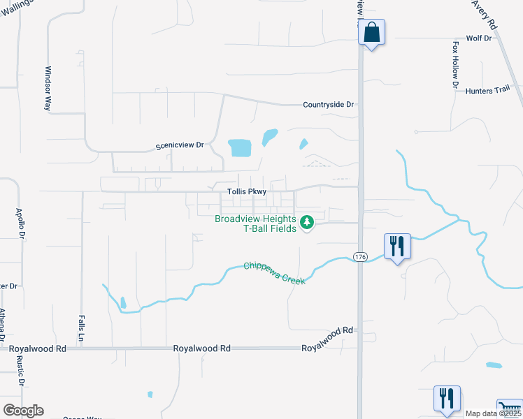 map of restaurants, bars, coffee shops, grocery stores, and more near 581 Tollis Parkway in Broadview Heights