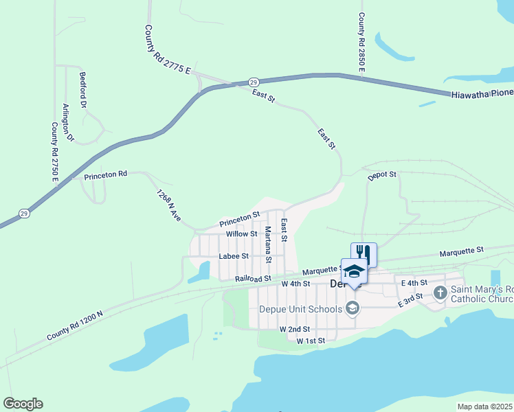 map of restaurants, bars, coffee shops, grocery stores, and more near 612 Princeton Street in DePue