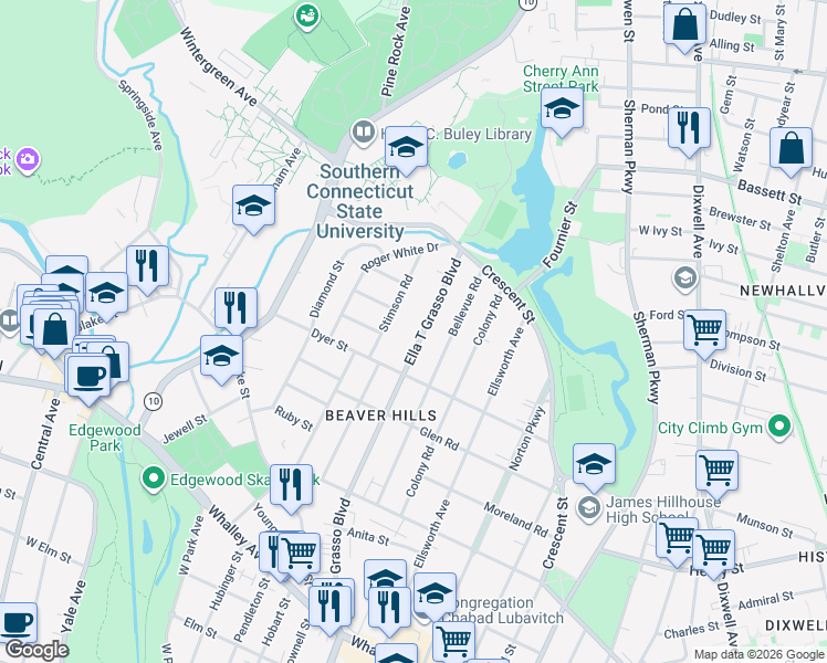 map of restaurants, bars, coffee shops, grocery stores, and more near 1800 Ella T Grasso Boulevard in New Haven