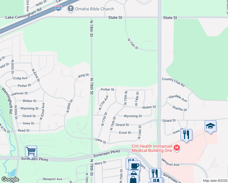 map of restaurants, bars, coffee shops, grocery stores, and more near 7510 North 76th Avenue in Omaha